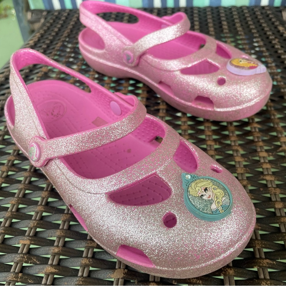 Crocs 13 Pink Glitter Slip On Flats Mary Janes Sandals Clogs Water Outdoor Shoes